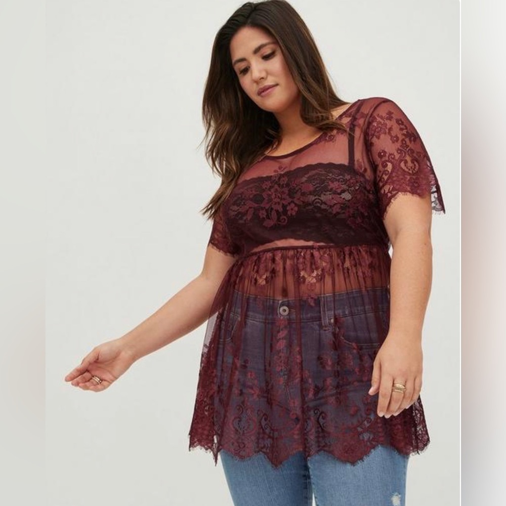 Torrid Babydoll Sheer Lace Short Sleeve Top